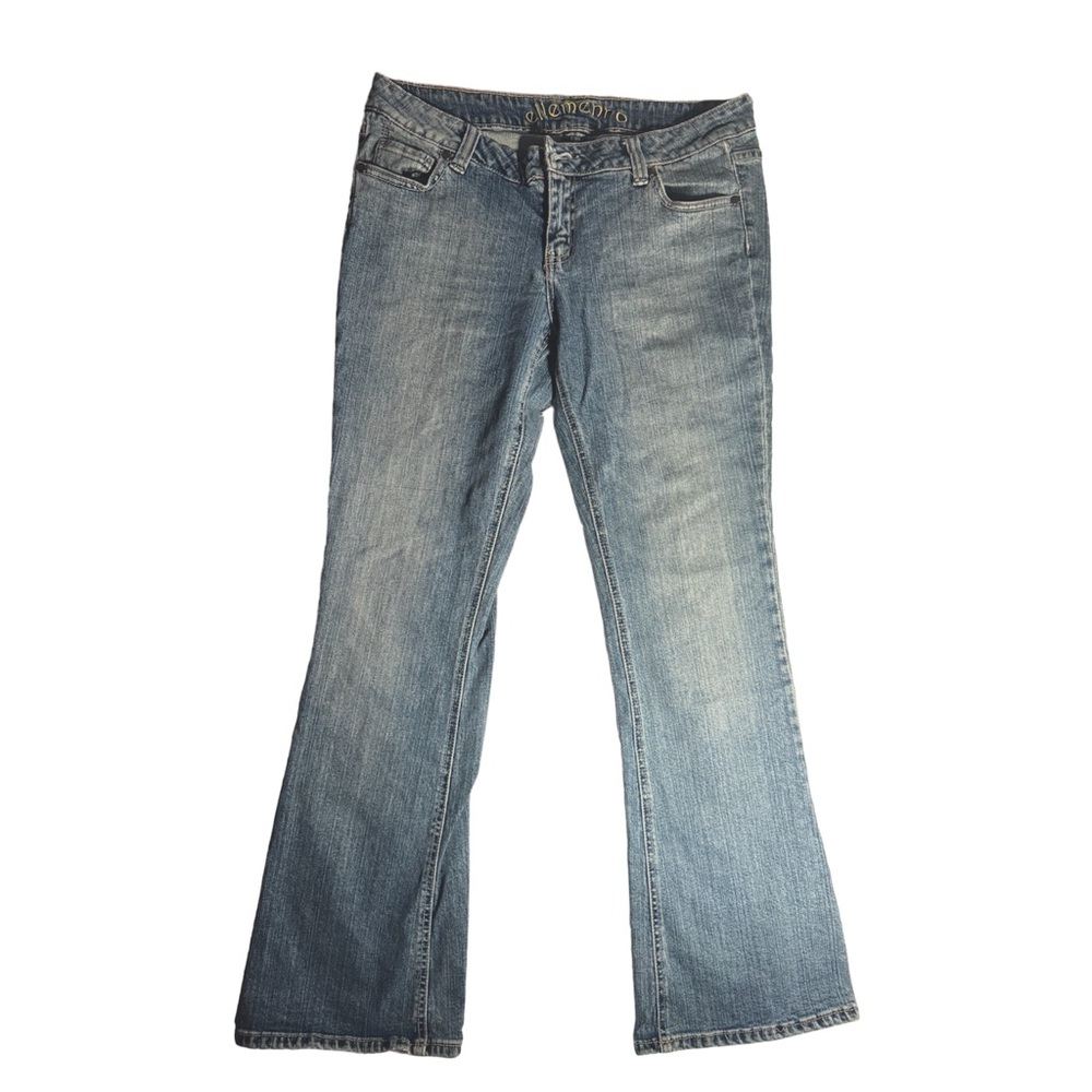 light blue bootcut jeans with a low rise fit.